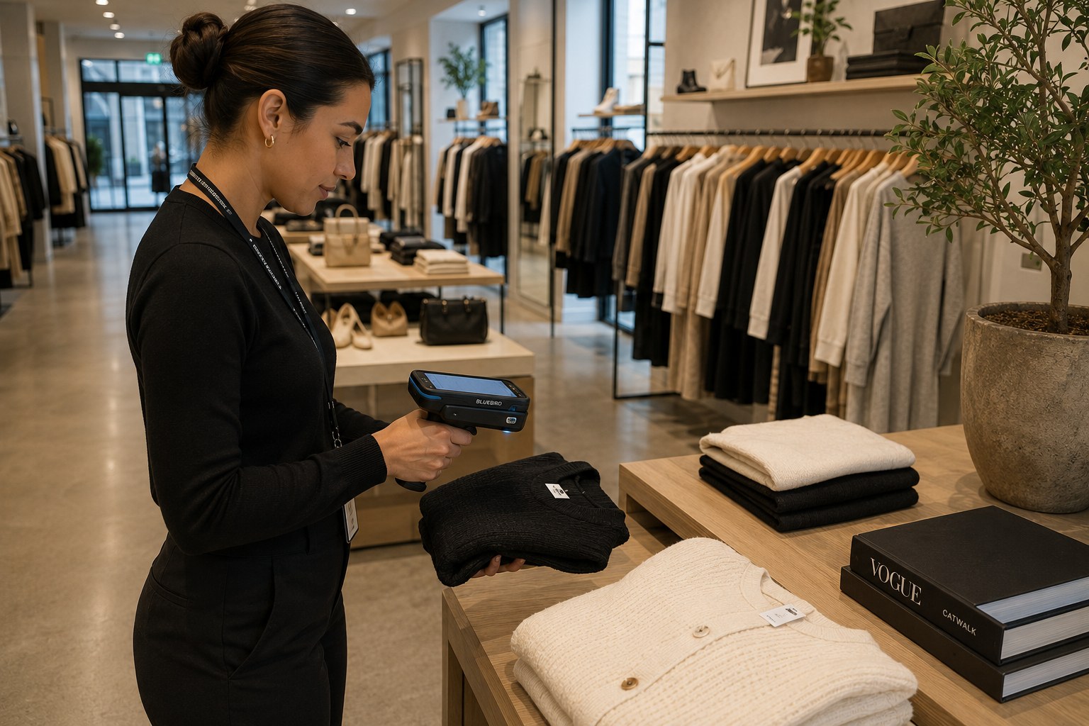 A store associate counting apparel with an RFID handheld reader on the sales floor