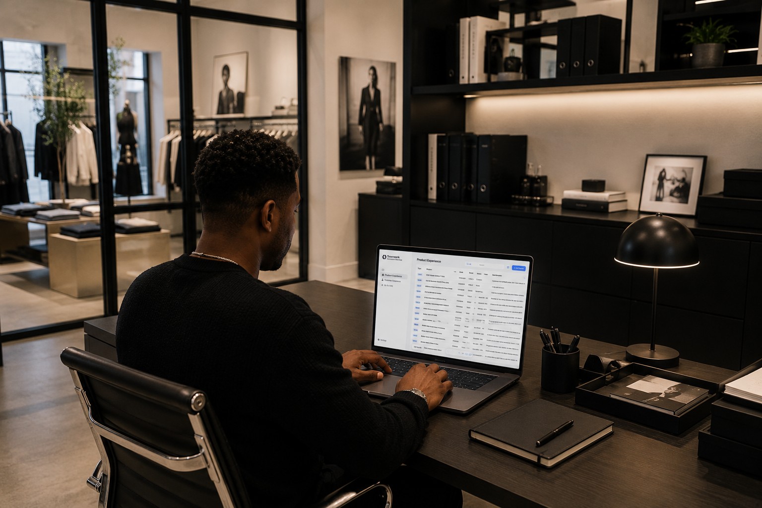 A merchandiser managing the product catalog on a laptop in the back office