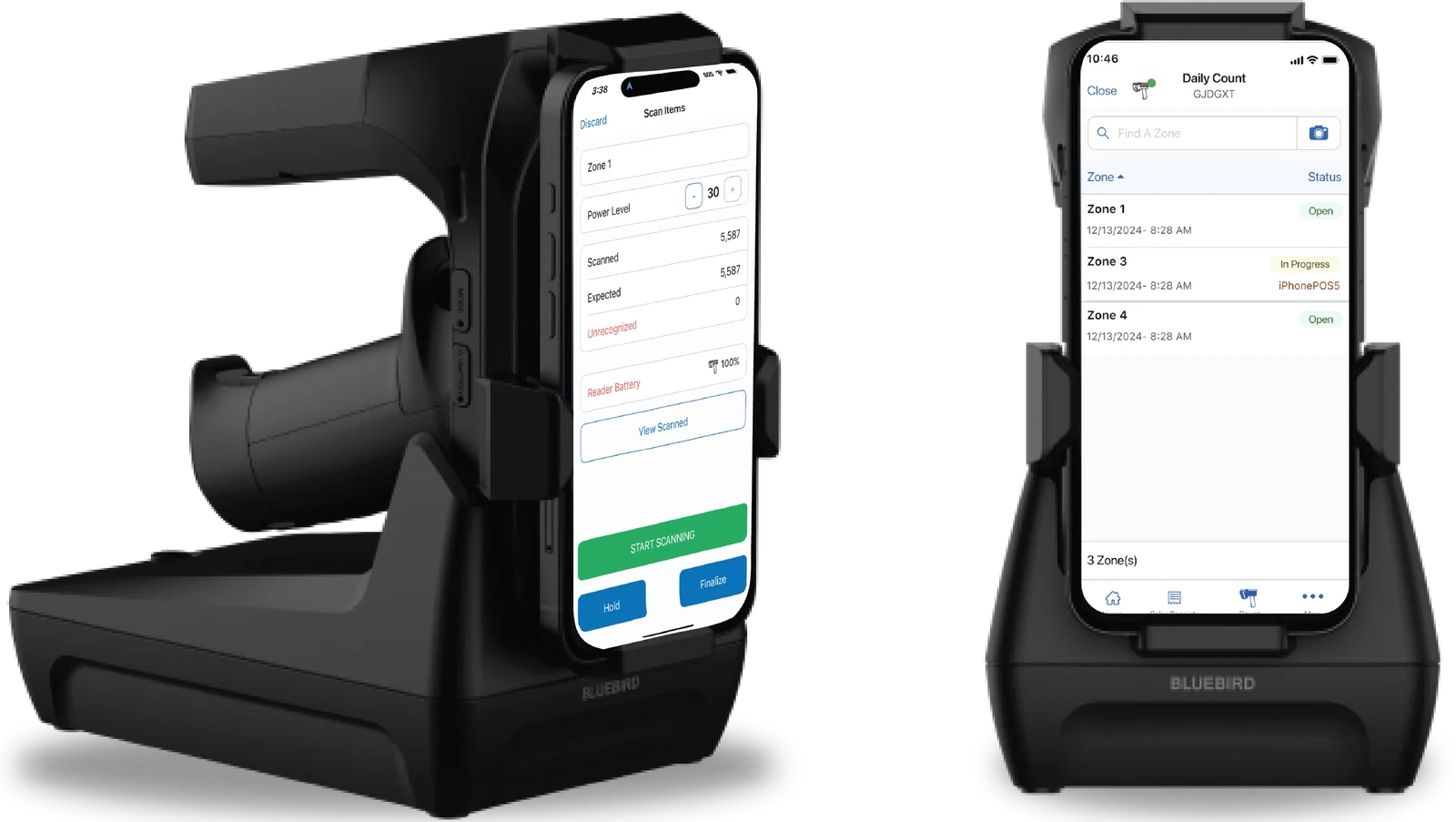 Bluebird RFID sled readers with iPhones running the Teamwork Commerce RFID app, live scanning and Daily Count zones
