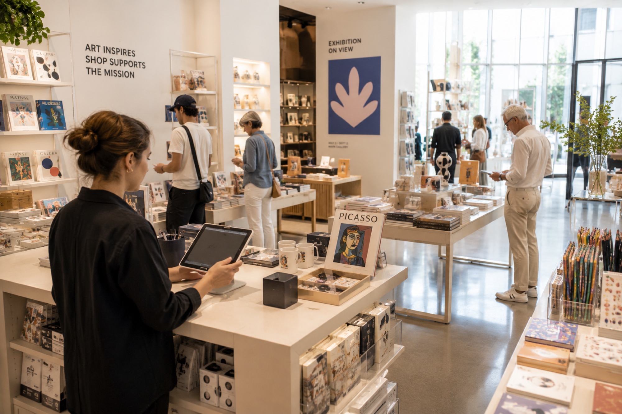 Visitors at a museum store and admissions counter