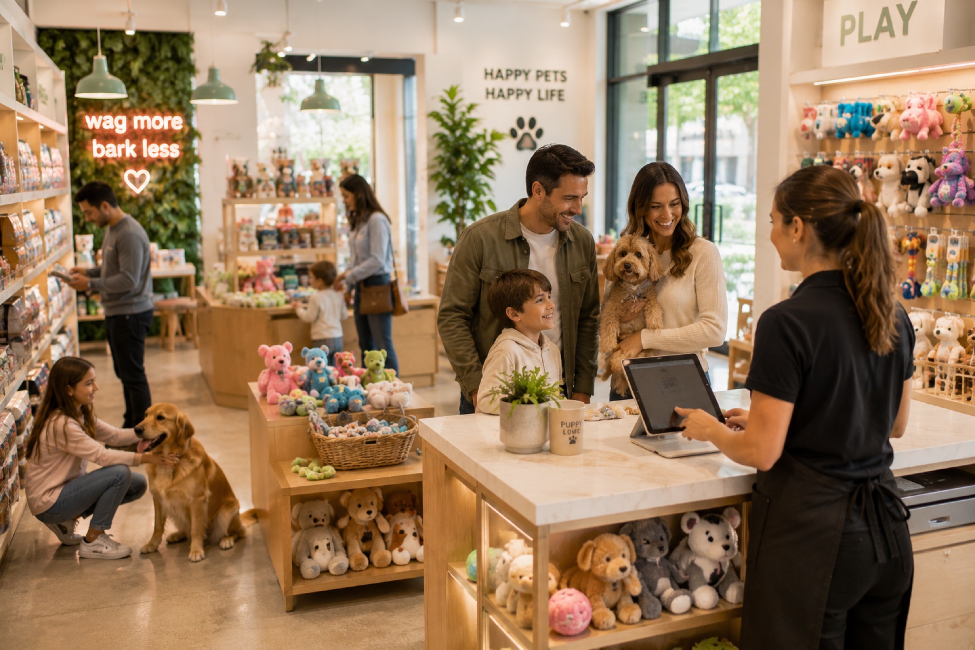 A pet store associate helping a customer at checkout