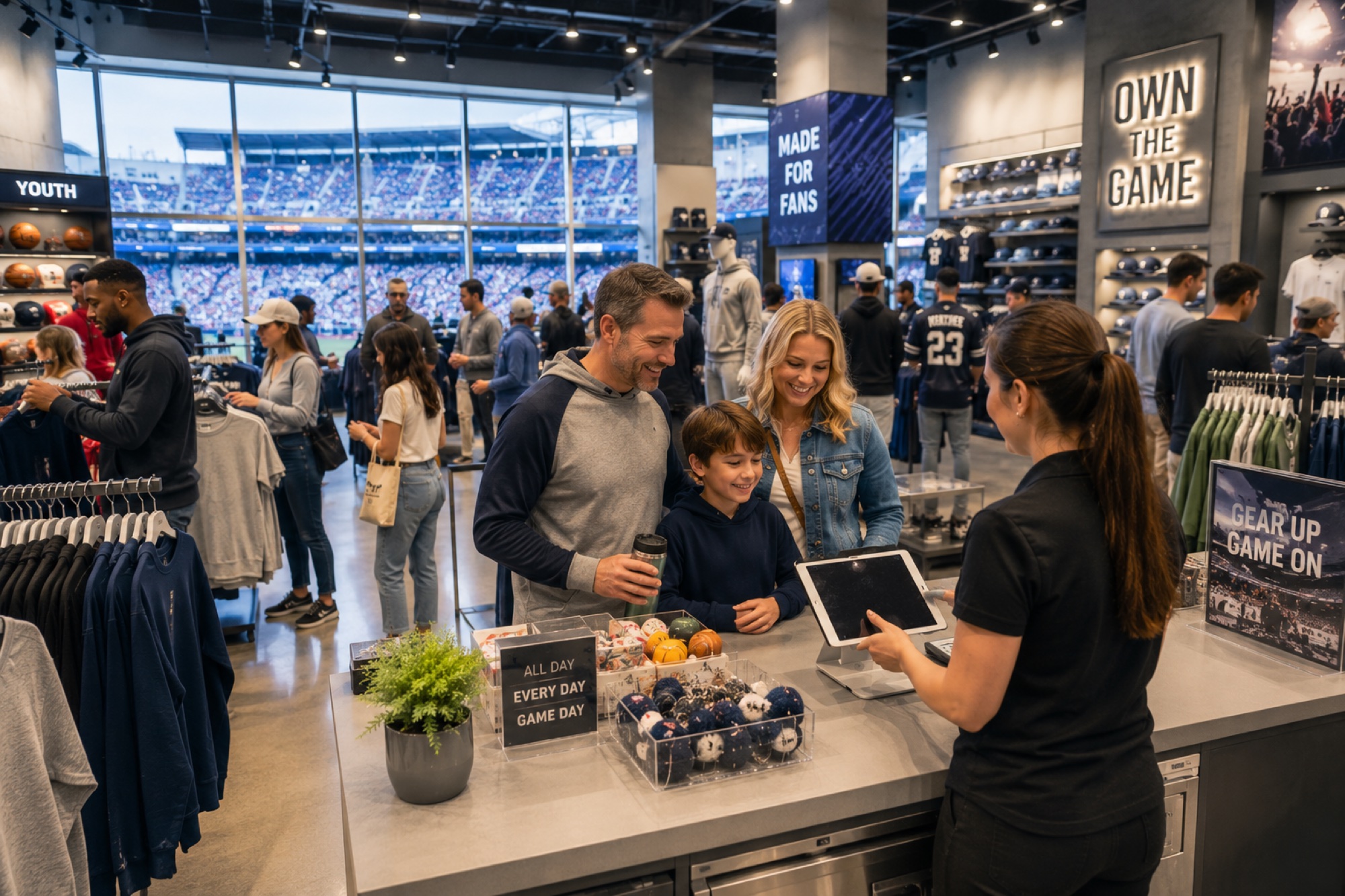 Fans buying team merchandise at a stadium retail store on game day