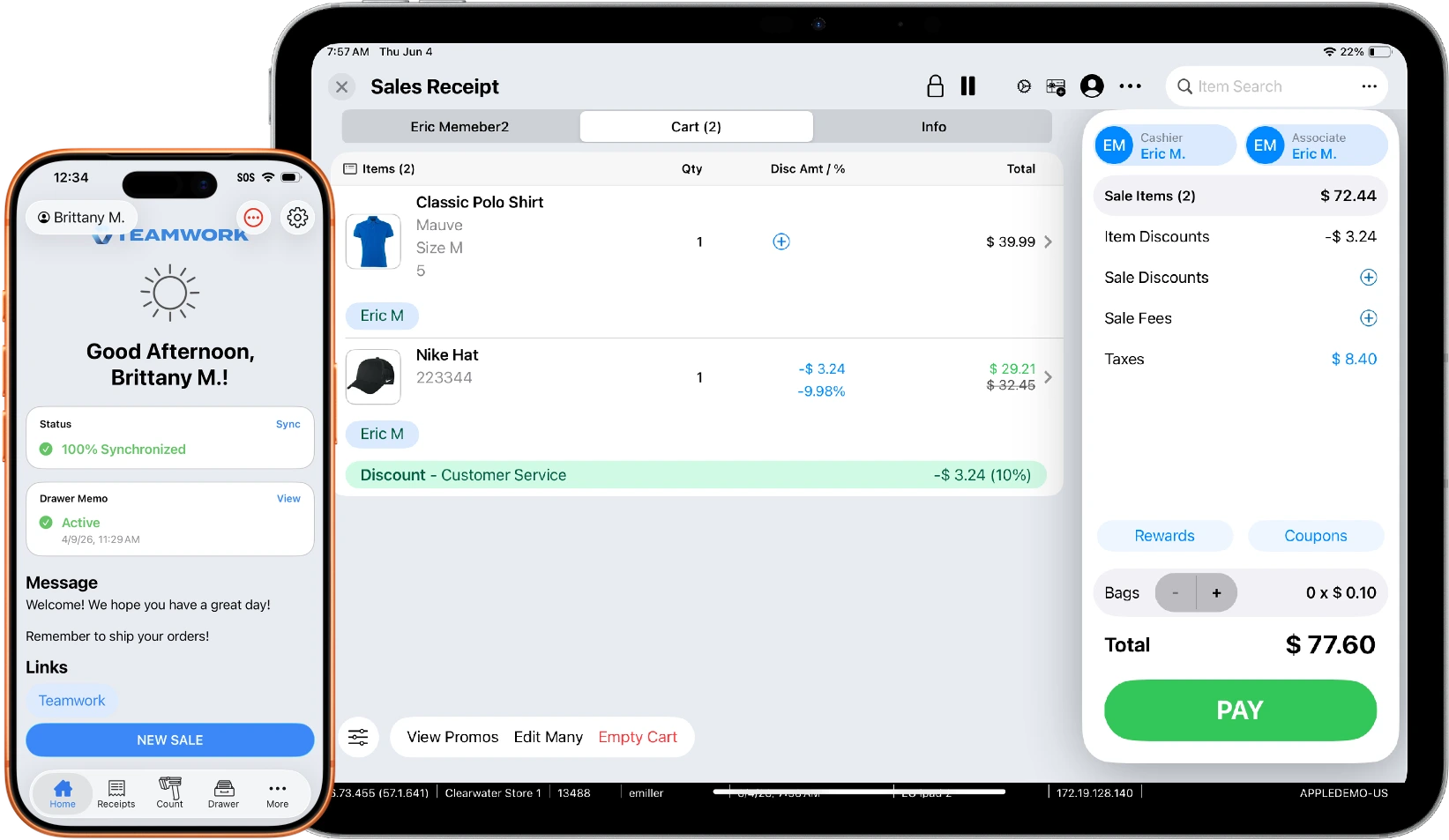Teamwork POS on iPhone and iPad, the associate home and a sales receipt with cart items and one-tap pay